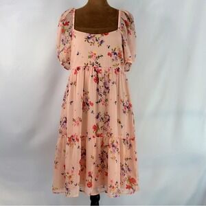 BP Floral Tiered Chiffon Dress Women Medium Peach Puff Sleeve Excellent Boho